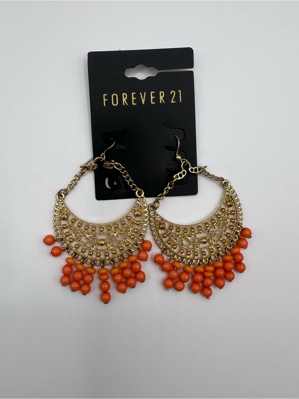 Forever 21 Gold-Tone Hoop Earrings with Orange Beaded Fringe